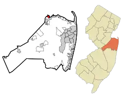 Map of Cliffwood Beach in Monmouth County. Inset: Location of Monmouth County in New Jersey.