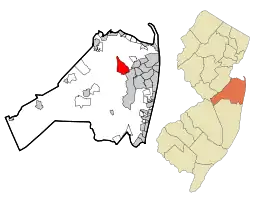 Location of Lincroft in Monmouth County highlighted in red (left). Inset map: Location of Monmouth County in New Jersey highlighted in orange (right).