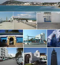 Top:Panorama view of La Marsa and Marsa Beach, Second row:El Ahmadi Mosque and  Abdelhafidh El Mekki Street, La Marsa Corniche, Gustaue Flaubert Secondary School, Third row:Saf-Saf Cafe, TGM Marsa Plage right-rail station, Synagogue Keren Yechoua de La Marsa, Bottom:Corniche Avenue, Koubet El Hooua, El Ahmadi Minaret Mosque (all item were from left to right)