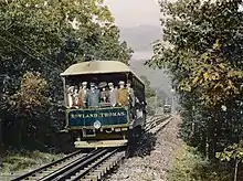 The Rowland Thomas funicular car ascends Mount Tom, as the Elizur Holyoke makes its descent in the background, c. 1912
