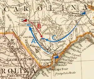 Moore moves from Wilmington, in the southeast of the state, northwest toward Cross Creek in the south central part of the state. Caswell moves south from New Bern, inland from the middle of the North Carolina coast, toward Corbett's Ferry. MacDonald moves over the Cape Fear River and then southeast toward Corbett's Ferry.