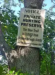 Narragansett Trail - Groton Sportsman Club Private Hunting Preserve hunting season trail closing sign at CT-49 (Pendleton High Rd) entrance.