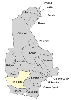 Location of Nik Shahr County in Sistan and Baluchestan province