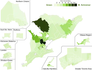 Support for Green Party candidates by riding