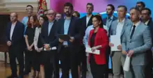 Borislav Novaković, Miloš Parandilović, Biljana Đorđević, Đorđe Pavićević, Robert Kozma, Zoran Lutovac, Dragan Rakić, Marinika Tepić, Radomir Lazović, Nebojša Zelenović, Pavle Grbović, Srđan Milivojević, Miroslav Aleksić, Đorđe Miketić, and Janko Veselinović at a press conference inside the National Assembly of Serbia in September 2023
