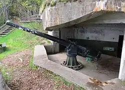 One of two surviving QF 4.7-inch B Mark IV* guns at Fort Péninsule, Forillon National Park, Quebec. It is similar to the guns at Fort Amherst.