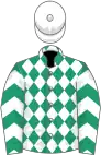 Emerald green and white diamonds, chevrons on sleeves, white cap