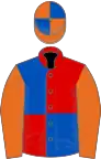 Red and royal blue (quartered), orange sleeves, orange and royal blue quartered cap