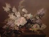 Bouquet de fleurs dans une coupe en bronze sur un entablement, oil on canvas, 114 x 145&nbsp;cm, private collection