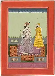 Circa 1750 painting of Guru Hargobind (also identified as Guru Har Rai) and an attendant wearing chola