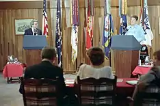 Reagan and David Stockman prepare for the presidential debate at Camp David, October 6, 1984