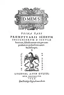 Title page of the book, showing an engraved image of an eagle atop a globe flanked by serpents and the Latin motto "In virtute, et fortuna"