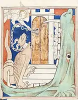 Queen Mary Apocalypse—BL Royal MS 19 B XV f. 38v Angel with key and dragon, 1st qtr 14th century