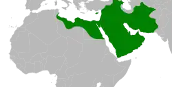 The Rashidun Caliphate at its greatest extent, under Caliph Uthman, c. 654