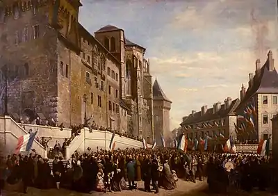 People of Chambéry with French flags celebrating the annexation in 1860.