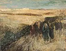 1936. Tanner's final painting,  Return from the Crucifixion. Mary and Joseph are in the front.