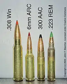 Rifle cartridges (l. to r.) .308 Win, 6mm ARC, 300 AAC, .223 Rem