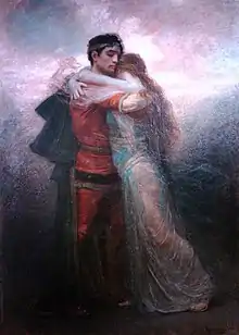 Painting of a man and woman embracing against a backdrop of distant light.