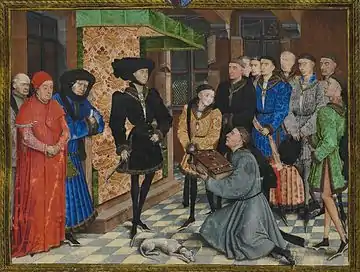 Jean Wauquelin presenting his 'Chroniques de Hainaut' to Philip the Good, presentation miniature by Rogier van der Weyden, 1448