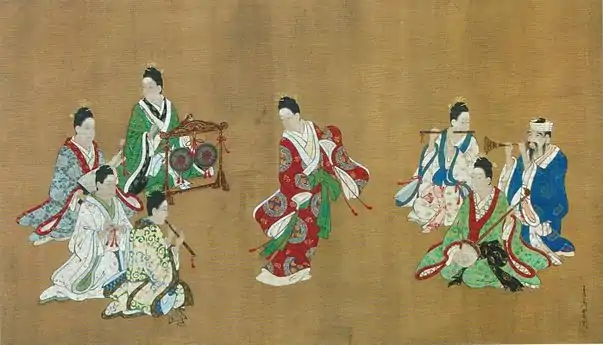 Ryukyuan Dancer and MusiciansInk and color painting on silk, Chōshun, c. 1718