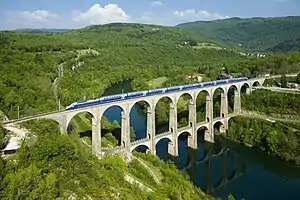 The Cize–Bolozon viaduct, a road–rail bridge crossing the Ain gorge.