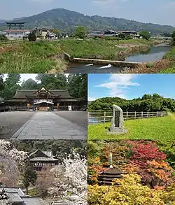 Top:A panorama view of Mount Miwa and Yamato River, Second:Ōmiwa Shrine,
A heritage site of Hashihaka Tomb, Bottom:Hase Temple, Tanzan Shrine (all item from left to right)