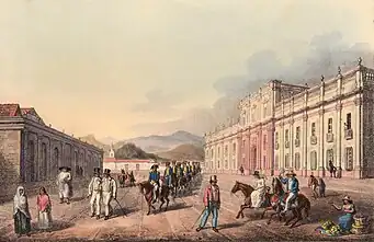 The colonial Real Casa de la Moneda (now called Palacio de la Moneda) in 1824 (by Paroissien, Scharf and Rowney & Forster). John Carter Brown Library.