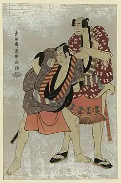 Shiro-kirazuri, or mica ink printed on white background. A scene from a kabuki play