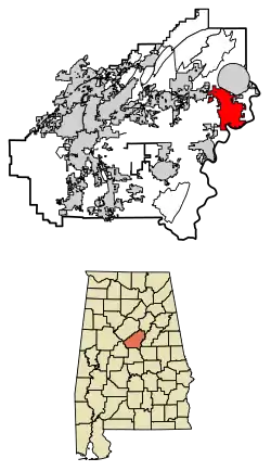 Location of Harpersville in Shelby County, Alabama.