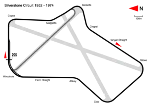 1952 to 1974: following the relocation of the pits area. Track length: 4.711 km. Lap record: Ronnie Peterson, Lotus-Ford, 1:16.3 (1973 British Grand Prix). This configuration was used by Grand Prix motorcycle racing until 1986.