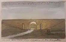 Watercolour painting of a simple stone arch bridge with two small side arches, crossing a river between grassy banks