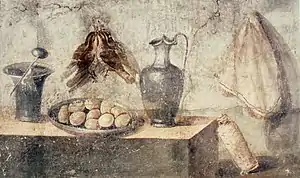 Image 20Eggs, thrushes, napkin, and vessels (wall painting from the House of Julia Felix, Pompeii) (from Culture of ancient Rome)