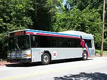Gray bus, decorated with red and blue stripes and a red butterfly