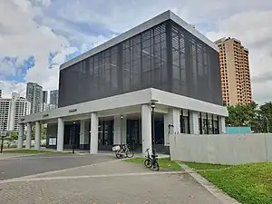 A cubic-shaped entrance facing a pedestrian square