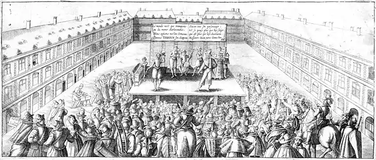 Tabarin's actors and musicians perform on Place Dauphine (17th century)