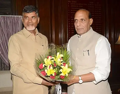 The Andhra Pradesh Chief Minister-designate, Shri N. Chandrababu Naidu calling on the Union Home Minister, Shri Rajnath Singh, in New Delhi on May 30, 2014.jpg
