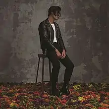A shallow-color saturated image of a man sitting on a stool in a room filled with fallen leaves, juxtaposed against a dark grey wall.