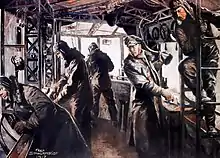 Drawing of people in uniform in a room