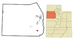 Location of Vernon within Tooele County and Utah
