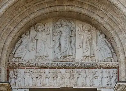 At the lateral entrance of Saint-Sernin of Toulouse, the ascending Christ, surrounded by superb angels, is the central figure on one of the oldest tympanums in Romanesque architecture (circa 1115).