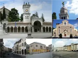 Top: San Giovanni Clock Tower and Liberta Square; Angel monument at Udine Santa Maria Church; and Udine Cathedral (left to lower right); bottom: Via Mercatovecchio&nbsp;[it]; Loggia del Lionello; and Matteotti Square&nbsp;[it] (left to right)