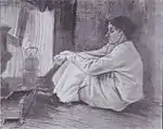 Sien with a cigar, sitting on the floor beside the fireplace, pencil, black chalk, pen and brush, sepia, washed and heightened with white, April 1882, Kröller-Müller Museum, Otterlo, Netherlands (F898, JH141)