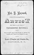 Verso of carte-de-visite showing studio logo of Hannah Maynard.  ca. 1868-1878