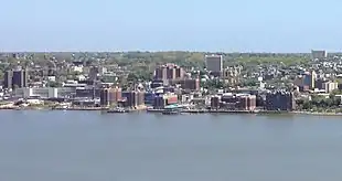 Yonkers (background) and the Hudson River (foreground) as seen from The Palisades in New Jersey