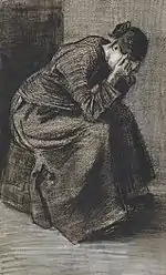 Mourning Woman Seated on a Basket (F1060, JH326), black lithographic crayon, grey wash, white and grey opaque watercolour, traces of squaring, on watercolour paper, 1883, Kröller-Müller Museum