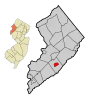 Location of Washington in Warren County highlighted in red (right). Inset map: Location of Warren County in New Jersey highlighted in orange (left).