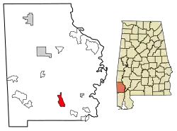Location of Sims Chapel in Washington County, Alabama.