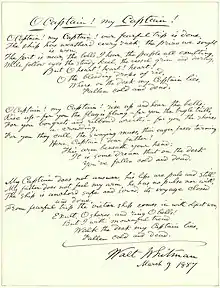 A handwritten draft, dated 9 March 1887, of Whitman's 1865 poem "O Captain! My Captain!"