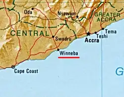 Winneba is located 56 km (35 mi) west of Accra and 140 km (90 mi) east of Cape Coast