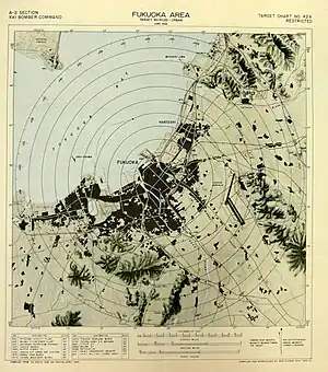 A map of the Fukuoka area with concentric circles radiating from the center of the city